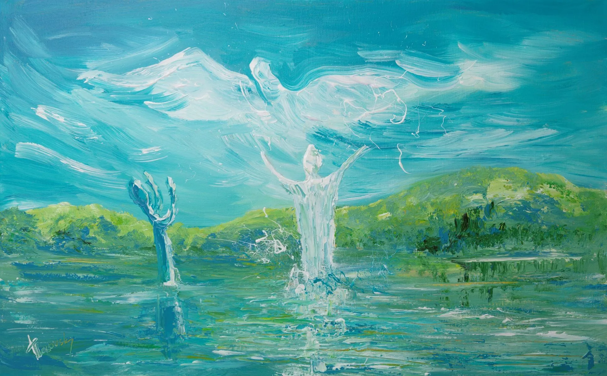 The Baptism of Jesus Matthew 3:13-23 Luke 3:21-29, Mark 1:8-11 2018, Acrylic on canvas, 50 x 80 cm