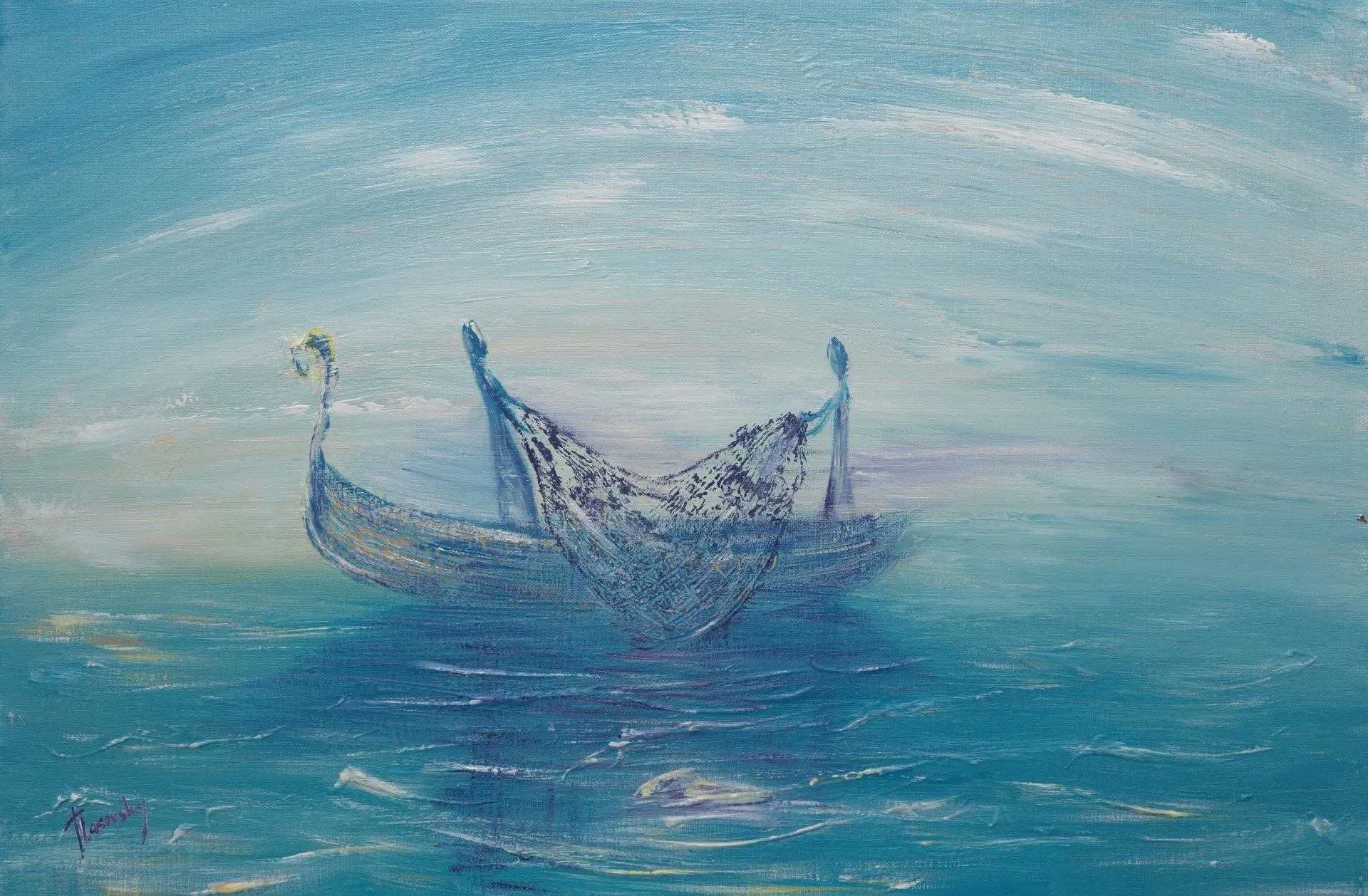 Disciples on a norwegian boat throwing nets 2018, Acrylic on canvas, 40 x 60 cm