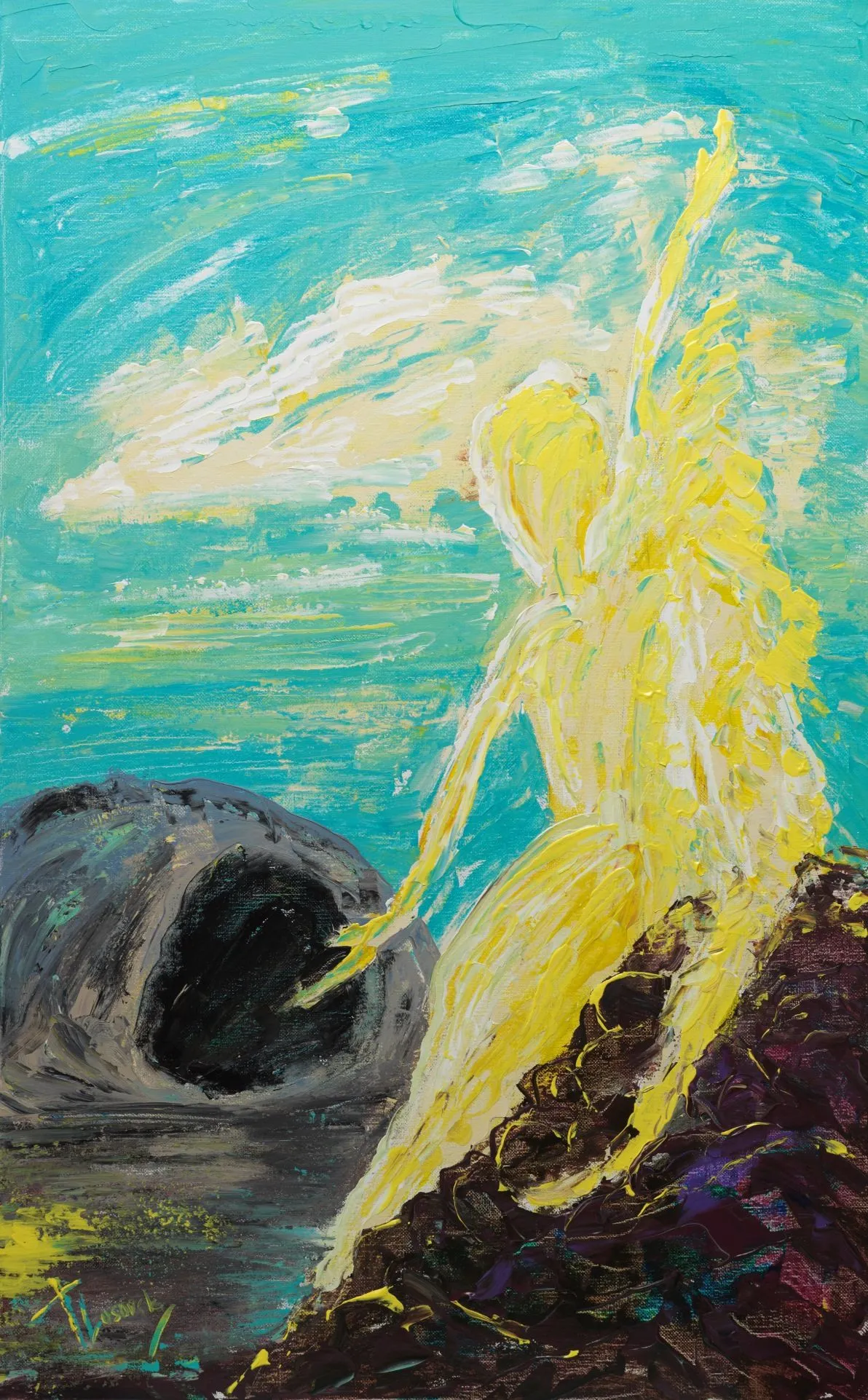 Angel at the tomb Matthew 28:1-8, Mark 26:1-8, Luke 24:1-12, John 20:11-13 2018, Acrylic on canvas, 50 x 80 cm